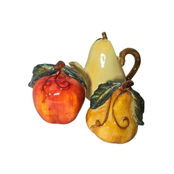 Fruit Teapot & Salt Pepper Shakers Set Apple Pear Kitchen Decor Ceramic - Picture 8 of 16